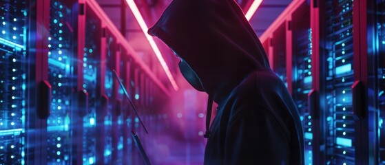 The image shows a hacker in a hoodie standing in the middle of a data center full of rack servers...