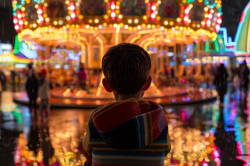 AI generated illustration of a little boy watching the neon lighted carousel at an amusement part