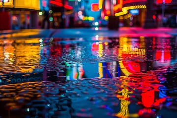 AI generated illustration of reflection of neon signs and lights on a wet street