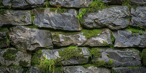weathered stone walls with moss growing between the cracks, adding rustic charm and texture to architectural designs