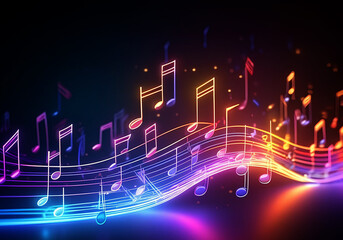 colorful music notes in neon light style with dark background