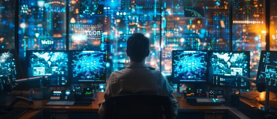 In an office overcrowded with people, a neural network and machine learning engineer programs at a workstation. Multiple displays depict neural networks and artificial intelligence representations.