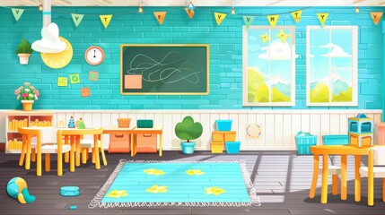 Featuring kindergarten classroom furniture, chalkboards and toys for kids' education and play. Modern illustration of a preschool child on the way to school and playing.