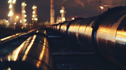 Close-up of a refinery pipeline at night, illuminated by lights, focusing on the processing of oil...