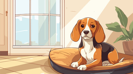 Cute Beagle dog sitting in pet bed near light wall Vector