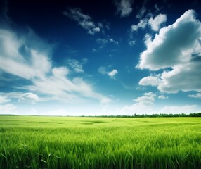 Obraz premium Vibrant Green Grass Field Under Blue Sky with Wispy Clouds