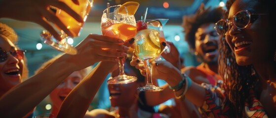 There are different groups of friends toasting with different drinks in the stylish bar/restaurant. Beautiful young people have a great time.
