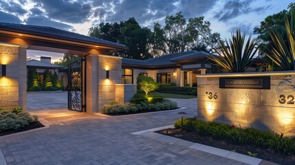 Obraz premium A luxury home entrance with a custom address plaque and designer outdoor lighting