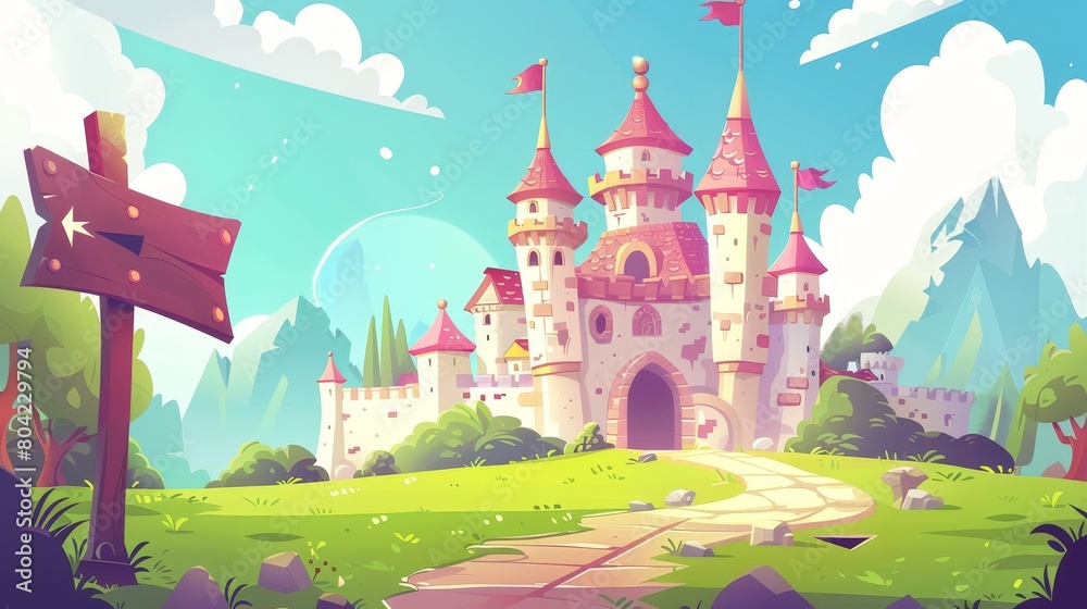 Sticker fairytale princess castle background with signboard arrow. fantasy king palace background with tower - Stickers