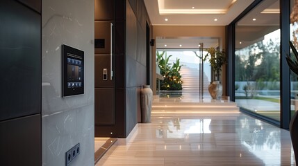 A luxury home entrance with a smart home control panel and a sleek design