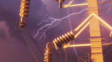 Detailed shot of lightning arrester equipment on an electric grid, ensuring safety during storms and high voltage spikes. 