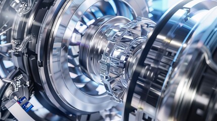 Detailed view of a flywheel energy storage system in motion, highlighting its mechanism within a clean energy facility.