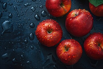 Red apples with water drops on a dark background.