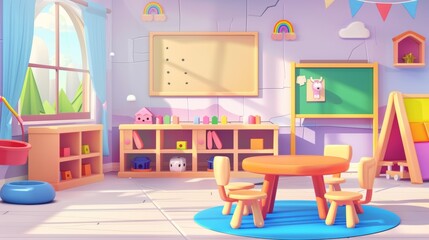 Playroom and playground interior for children. 2d concept with table, chair, board, house shelf and indoor daycare inside kindergarten.