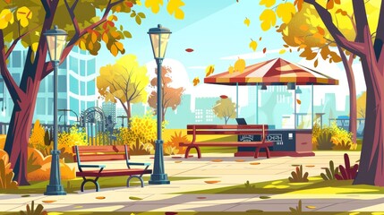 Modern cartoon illustration of a café in an autumn city park. The scene shows a small outdoor cafe, a wooden bench and a lantern, as well as yellow leaves on trees, bushes and buildings in the