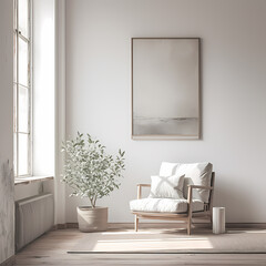 Create a serene atmosphere with this cozy corner featuring an art gallery-style wall hanging and tasteful furnishings. The perfect setting for relaxation or inspiration.