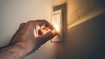 Intense close-up of a hand turning off a light switch, illustrating the simple action of reducing energy consumption