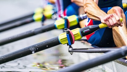 Synchronized rowers  teamwork at summer olympics with hands gripping oar in perfect harmony
