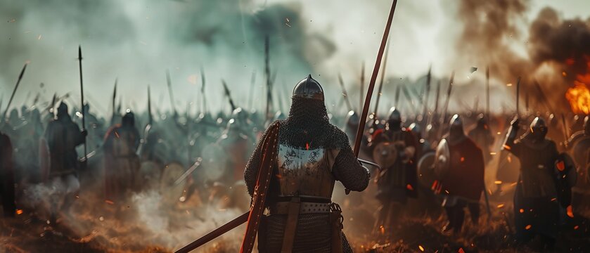Medieval reenactment of a large battle between medieval warriors.