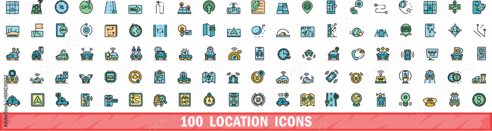 Wall mural 100 location icons set. color line set of location vector icons thin line color flat on white