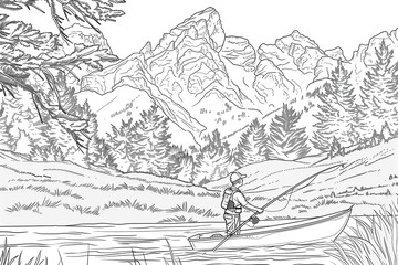 A monochrome line art illustration of a lake with mountains in the background
