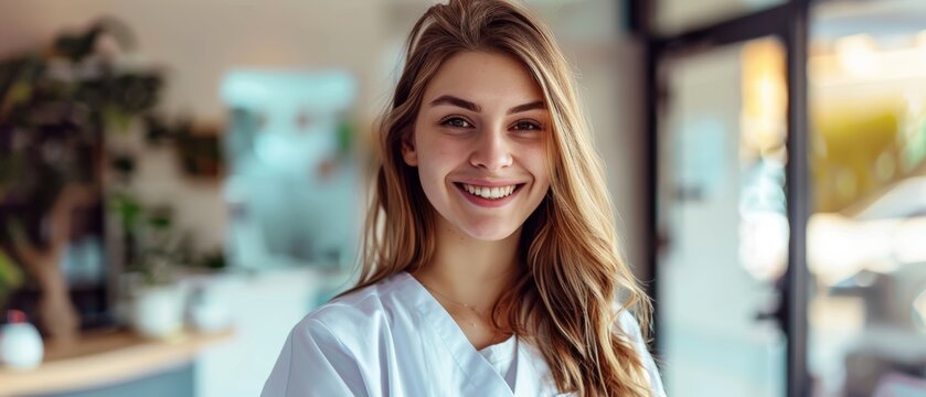 The picture depicts a beautiful young professional nurse / physiotherapist assistant with a charming smile.