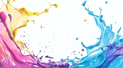 Vivid abstract splash of liquid in yellow, blue, and pink colors, representing dynamic movement.
