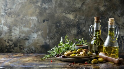 Olive oil with various herbs and spices on an old wooden table.