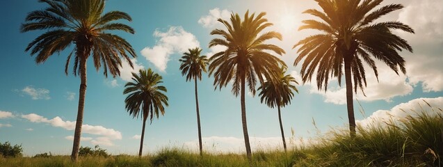 Obraz premium Summertime backgrounds set with palm trees, summer sun and brush strokes for your graphic design, Sunny Days