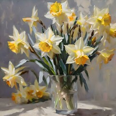 AI generated illustration of daffodils in a vase on a tabletop in an oil painting