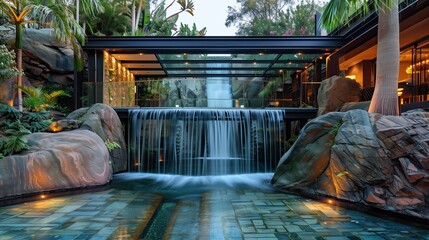 A luxury home entrance with a cascading waterfall and a glass bridge - Powered by Adobe
