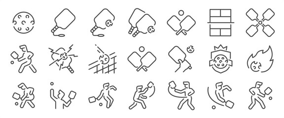Pickleball icon set. It includes Racquet sport, Paddlesport, court, game, tournament,&nbsp;and more icons. Editable Vector Stroke.