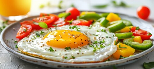 Delicious and healthy breakfast with fried egg, vegetables, and orange juice on white table