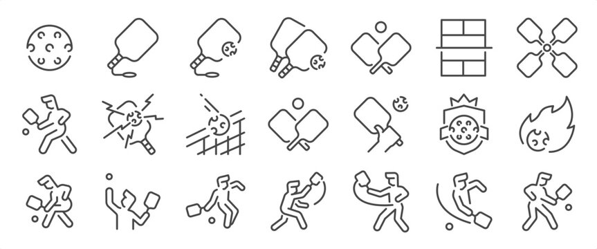 Pickleball icon set. It includes Racquet sport, Paddlesport, court, game, tournament,&nbsp;and more icons. Editable Vector Stroke.