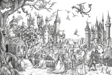 A drawing of a castle with a dragon flying above it