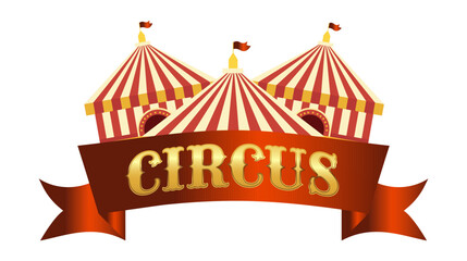 Circus marquees with bright red silk ribbon with title.  Illustration retro and vintage circus red sign poster, with marquee, carnival circus frame. Isolated on white background. Circus sign, circus s © Kamila