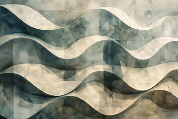 High-resolution textured wall surface, abstract wave patterns with geometric shapes in muted tones layered on top.