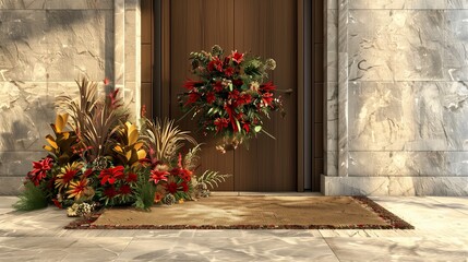 A luxury home entrance with a seasonal floral arrangement and a welcome mat