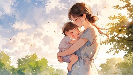 A heart-warming watercolor illustration of mother with her baby, shining against a warm, isolated background, woman day, mother day