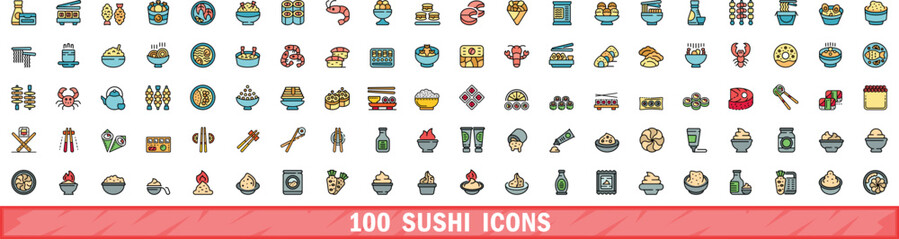 100 sushi icons set. Color line set of sushi vector icons thin line color flat on white