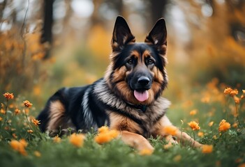 AI generated illustration of a German shepherd dog in flower field - Powered by Adobe