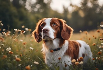 AI generated illustration of a dog sitting among blooming flowers in a sunlit field