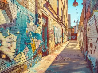 Fototapeta premium A graffiti covered alleyway with a blue brick wall