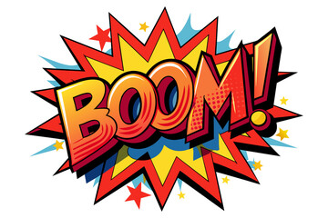 A comic book style illustration of the word BOOM with a red
