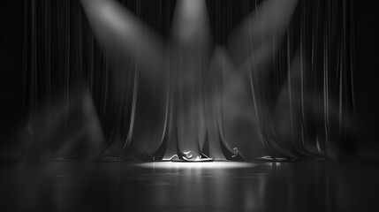An award ceremony, graduation ceremony, and show banner background are depicted in this modern realistic illustration of a concert hall. The spotlights shine, the floor is glossy, and the fabric