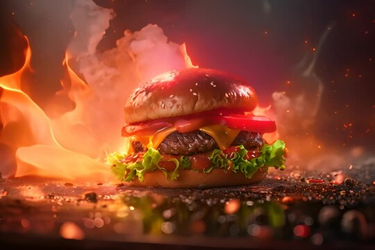 fiery hamburger on a dark background. Burger with paired buns, cutlets, lettuce, tomatoes, smoke, bokeh with spices, spicy, flame movement on video
