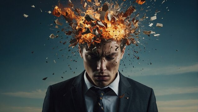  Surreal imagery depicting a person's head exploding into fragments, symbolizing psychological turmoil
