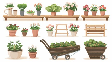 In this set of flower shop interior elements, you will find green plants in pots, flowering bouquets in vases, a wooden rack, and a wheelbarrow for displaying the items in your store on a cartoon