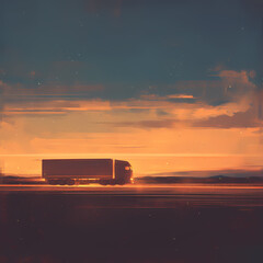 Vivid Sunset with Speeding Freight Truck Silhouette - obrazy, fototapety, plakaty
