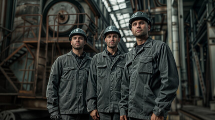 Fototapeta premium Group portrait of a male workers with helmets. A man with brutal, expressive facial features. Hard work in a factory